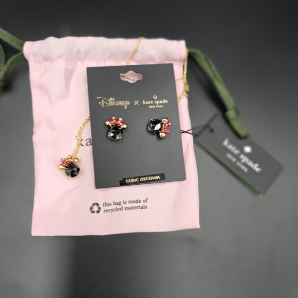 NWT Kate spade Disney Minnie Mouse Black&Red Crystal Necklace and Earrings Set - Picture 2 of 4